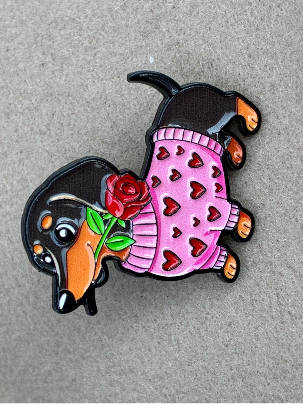 Dachshund Enamel Pin - Pink Heart Sweater with Rose